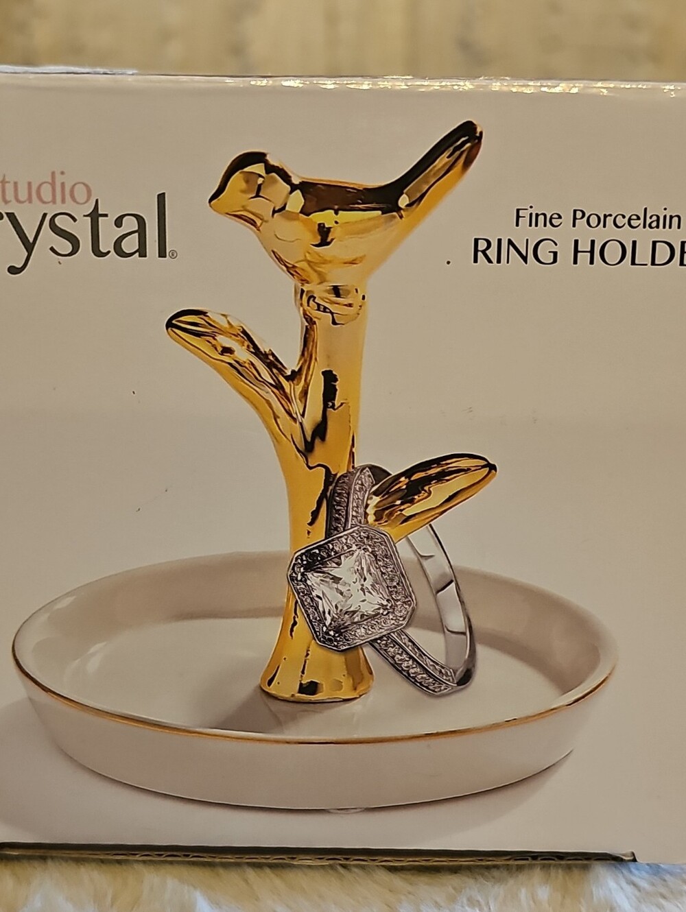 Gold & White Bird Ring Holder - Fine Porcelain
